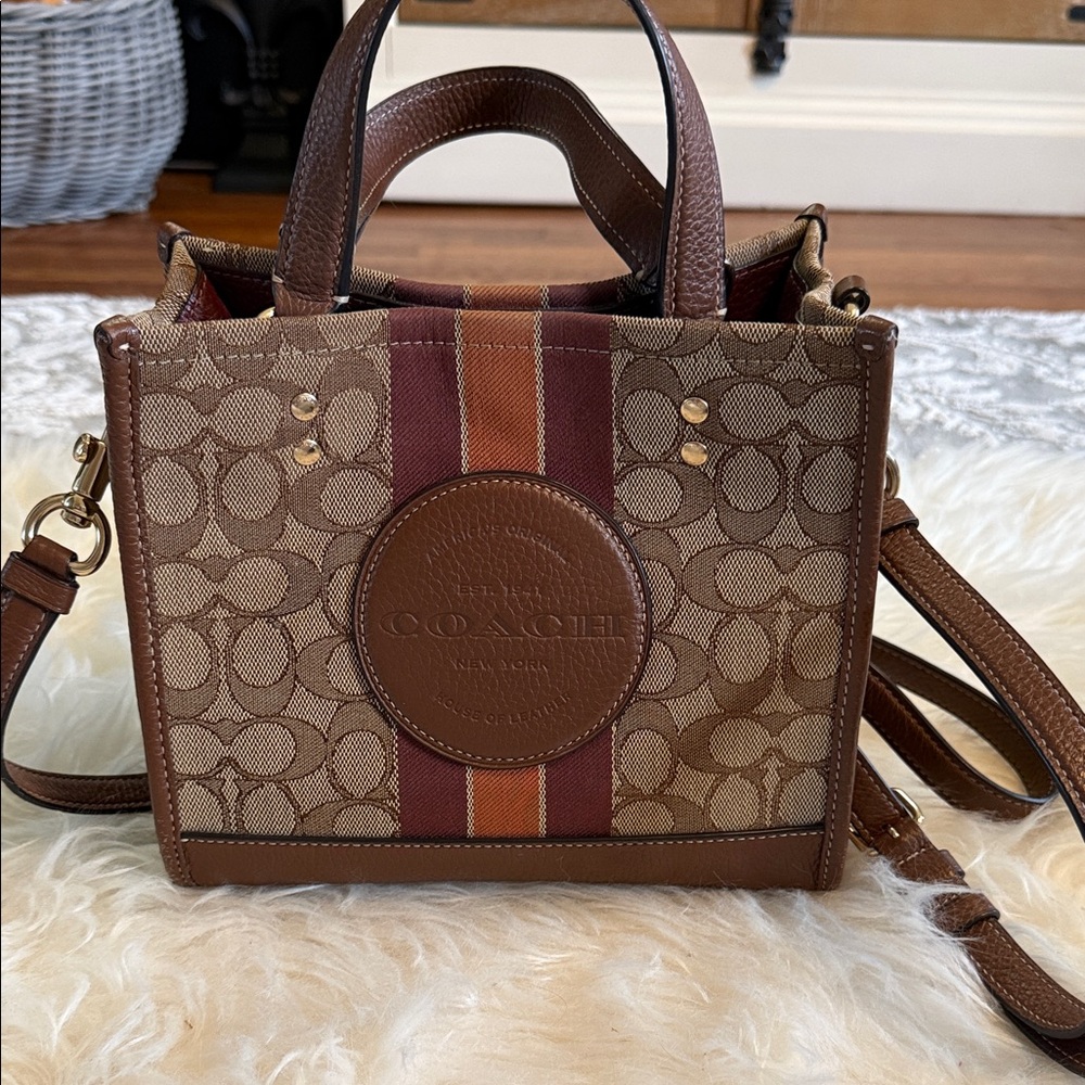 Coach Brown Signature Canvas Crossbody with Red and Orange Stripe